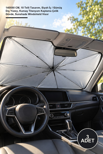 Yenilig 3 Pieces Car Front Windshield Sunshade – 140X80 Cm, 10 Wire Design, B...