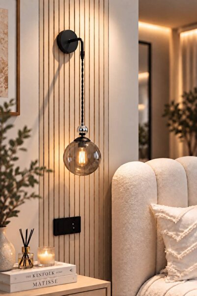 VENON LORENZA APLİK ✨KROM DETAYLI ✨FÜME GLOP CAMLI✨ÖRGÜ KABLOLU✨ SİYAH || Duv...