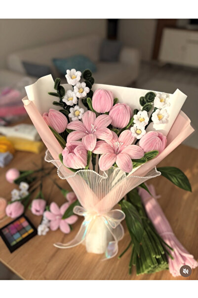EFA Flowers Pembe Şönil Lale ve Lilyum Buketi – El Yapımı Solmayan Çiçek – Se...