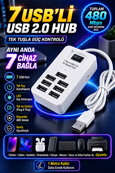 nelerbulurum 7 Port USB 2.0 Hub Çoklayıcı 1 Metre Kablolu Açma Kapama Anahtar...