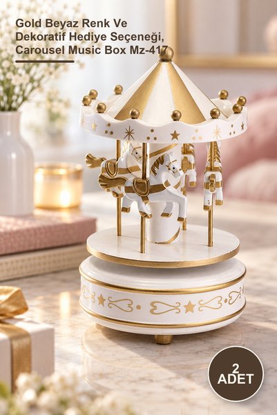 Yenilig 2 Adet Atlı Karınca Müzik Kutusu – Gold Beyaz Renk Ve Dekoratif Hediye Seçeneği, Carousel Music Box Mz-417
