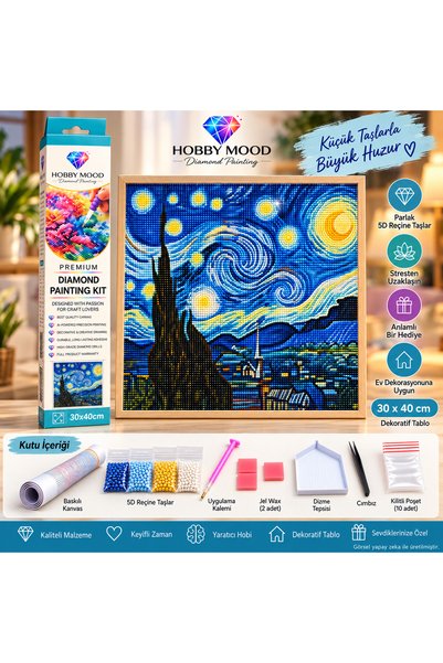 HOBBY MOOD Yıldızlı Gece 5D Diamond Painting - Elmas Mozaik Tablo Boyama Hobi...