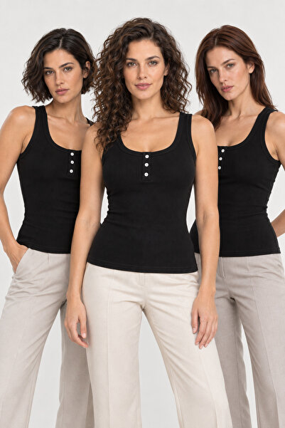 Loule Women's 3-Pack 95% Cotton Button Detail U-Neck Combed Cotton Camisole T...