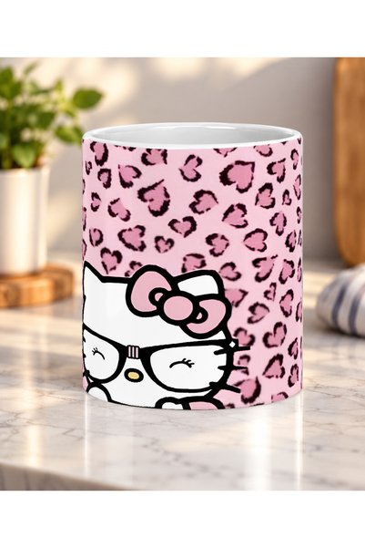 martı baskı Hello Kitty Pembe Leopar Desenli Kupa Bardak – Sevimli Kedi Temal...