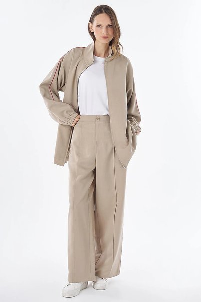 Kayra Stripe Detailed Double Suit Cream