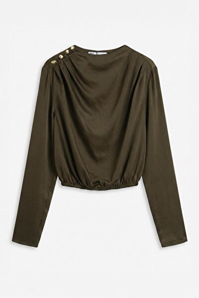 BSL Saten Pileli Crop Bluz