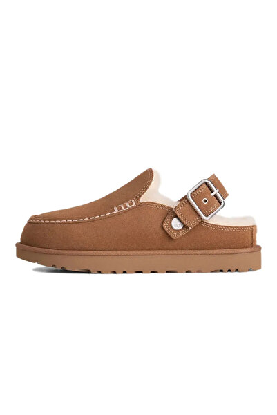 UGG شبشب نسائي من الجلد السويدي بلون أسمر مع حزام قابل للتعديل وصوف ناعم من ا...