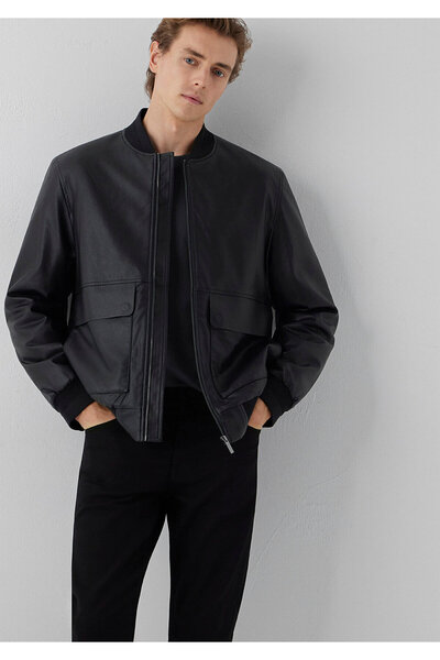 Mavi Siyah Suni Deri Bomber Ceket Regular Fit / Normal Kesim 0110906-71379