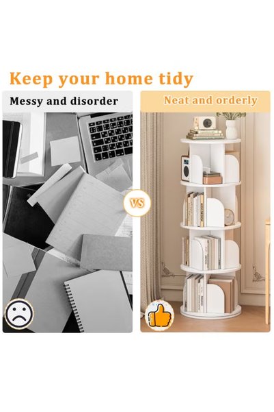 Sheinhome رف كتب دوار 360 درجة °   خزانة كتب بحاجز نصف دائري، رف تخزين كتب من خشب MDF، 3 و 4 طبقات لغرفة المعيشة، المكتب، غرفة النوم، غرفة الدراسة - أبيض/بيج