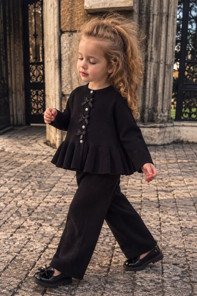 Minigimin Cicileri Ruffled Knitwear with Bow and Stone Button Detail for Girl...