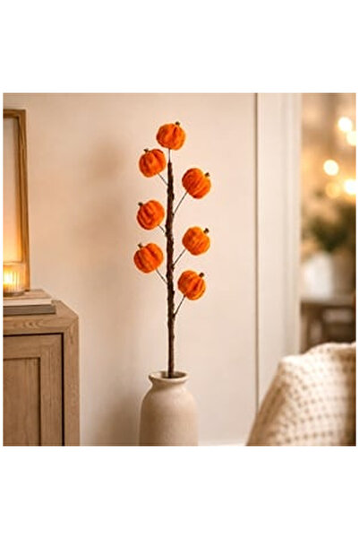 OEM Floare Artificiala cu Tulpina Lunga & 7 Dovleci Catifelati Portocalii 77cm