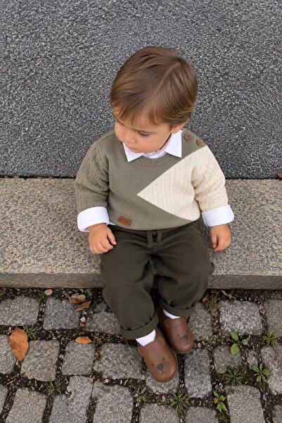 Minigimin Cicileri Ecru Patterned Knitwear Sweater and Shirt Baby Boy 3-Piece...