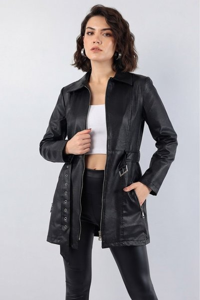 PRİFALDİ Long Belted Black Women's Leather Jacket
