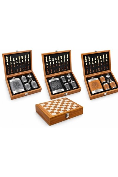 Epilons Wolf Patterned Leather Covered Flask Set with Chess Wooden Box Alk6478