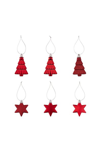 Altınkayaticaret Red Christmas Ornament Set 12 Pieces – Glittery Shiny Decoration Ornament with Star & Pine Tree Figures