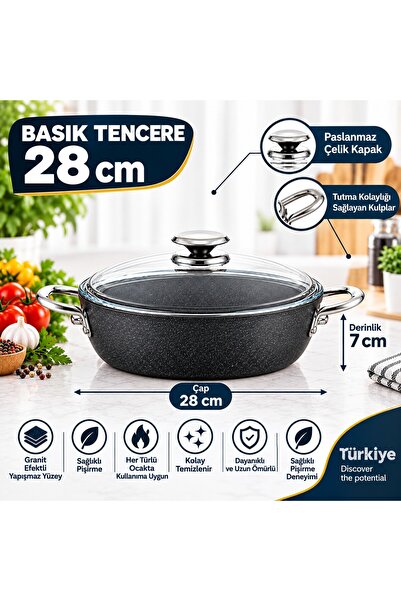 FMS Galaxy Granite Flat Pot 28 cm Metal |   Non-Stick Coating | 4mm |   Durab...