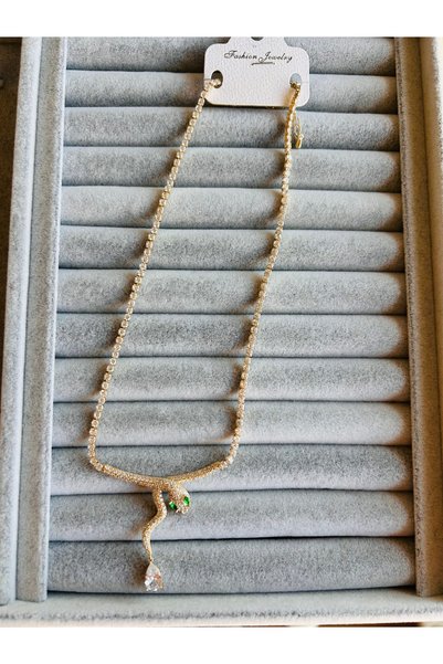 La'Bien Women's Snake Figured Zircon Stone Gold Necklace with Green Stone Detail