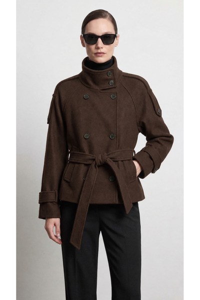 VeraTrend Women's Stand Collar Oversize Belted Short Cashmere Coat