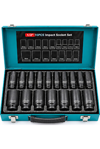 Jack Set cu 16 chei tubulare de impact, prindere de 1/2 inch, de la 10 la 32 mm