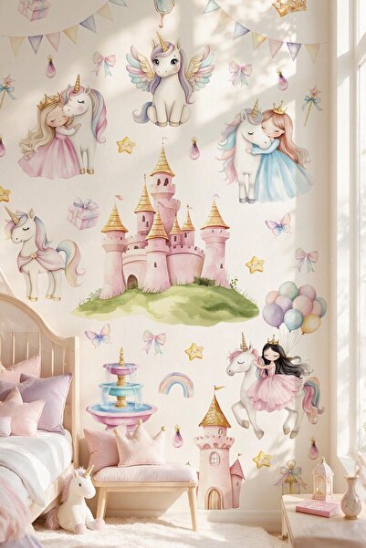 MSticker Unicorn Prenses Şato Duvar Sticker Seti 62 Parça – Kız Çocuk Odası P...