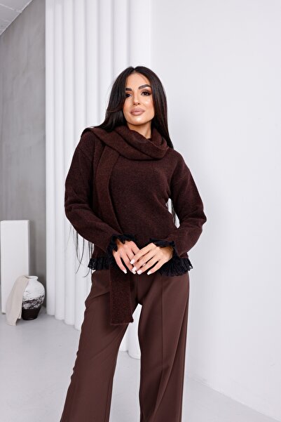 For Angels Pulover cu mâneci din dantelă și guler din dantelă