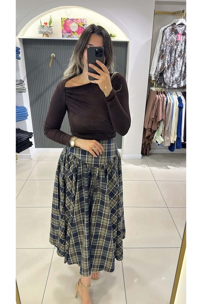 HandeButik Kadın Asimetrik Kesim Ekoseli Yüksek Bel Midi Boy Etek
