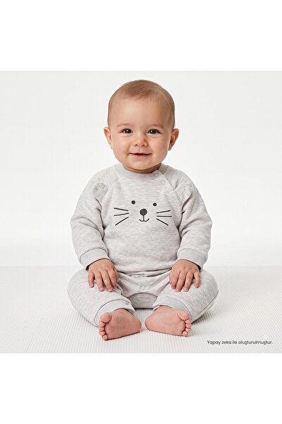ebebek Hello Baby HelloBaby Unisex Tulum Ayı Baskılı Çıtçıtlı Bisiklet Yaka U...