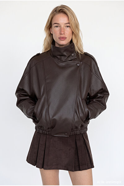 Quzu Asymmetrical Oversize Bomber Leather Jacket Brown