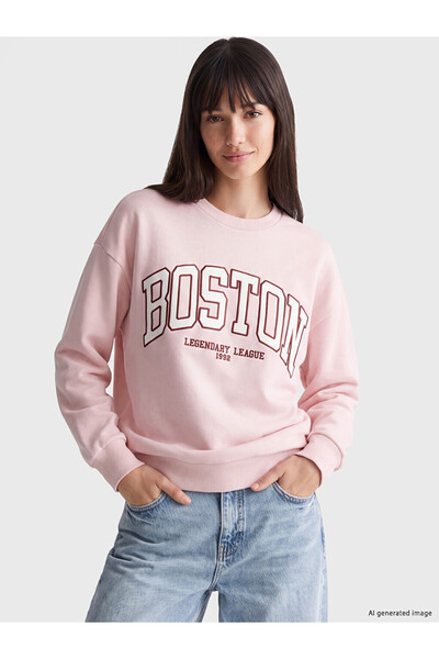 LC Waikiki Lcw Pink Boston Printed Oversize Women's Sweatshirt