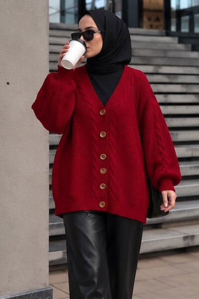 Tesettür Dünyası Strickjacke mit V-Ausschnitt und Haarstrickdetail TSD260296 Rot