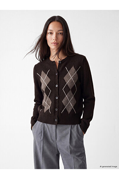 LC Waikiki Özmarka New Season Brown Diamond Patterned Women's Knitwear Cardigan