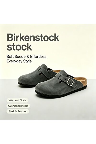 BIRKENSTOK Gray strap suede clogs,slip-on closed-toe soft cork footbed slippe...