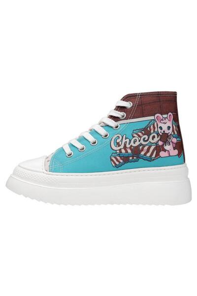 Dogo Women's Vegan Turquoise Thick Sole High Sneakers - Yum Choco Luv Design