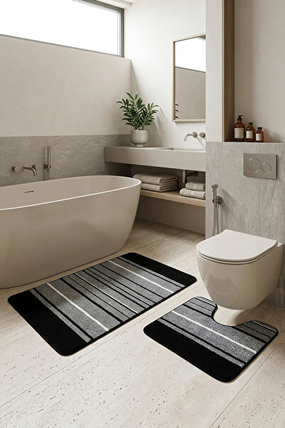 Siyah-Gri Starloop Çizgi Desenli 2'li Takım Banyo Paspası Su emici,Makinede Yıkanabilir,Kaymaz Taban,Tırmalamaya Dayanıklı