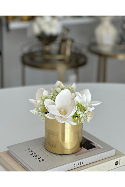 Shura Homeware Metal Saksı Gold Manolya Aranjmanlı Dekoratif Obje