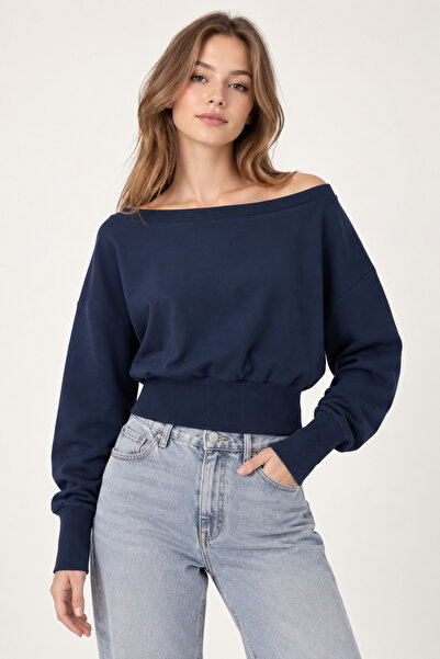 WE&ME Kadın Kayık Yaka Crop Sweatshirt Geniş Yaka Kaşkorse Bel ve Kol Lastikl...