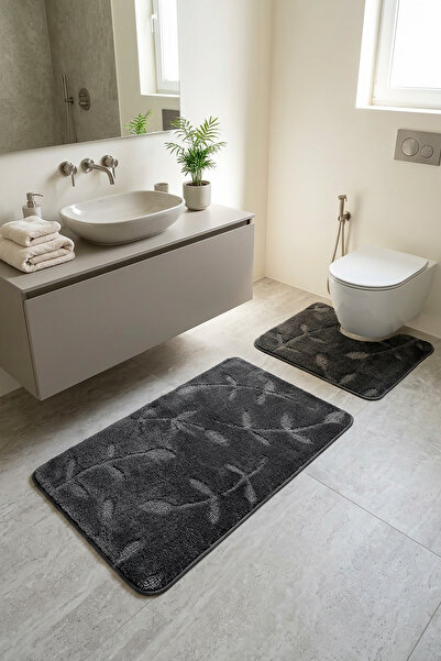 barsin home Antrasit Gold Yaprak Desenli 2'li Takım Banyo Paspası Su Emici,Ma...
