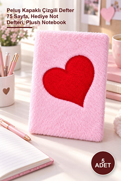 Yenilig 5 Pieces of Pink Notebook with Plush Heart – Lined Notebook with Plus...