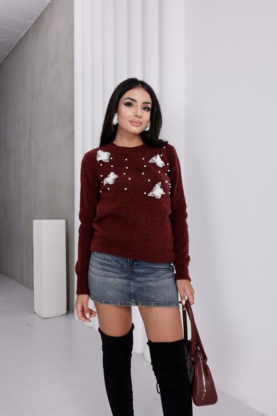 For Angels Pulover cu perle și accesorii din dantelă tip fluture