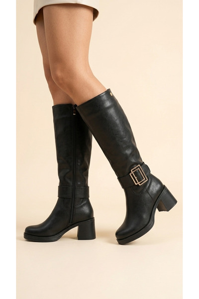 Moda Lime Women's Leather Look Large Buckle Detailed Zippered Thick Heeled Below the Knee Boots