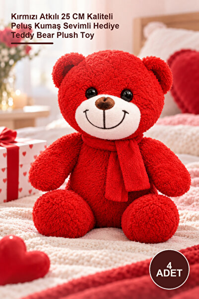 Yenilig 4 Pieces Plush Teddy Bear - with Red Scarf 25 cm Quality Plush Fabric...