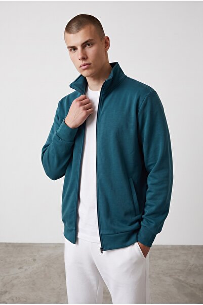 Altamira Men's Stand Collar Zippered Sweatshirt Petrol Blue Basic Sports Top ...