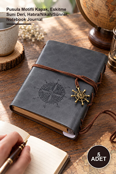 Yenilig 5 Leather Memory Notebooks – Compass Motif Cover, Antique Faux Leathe...