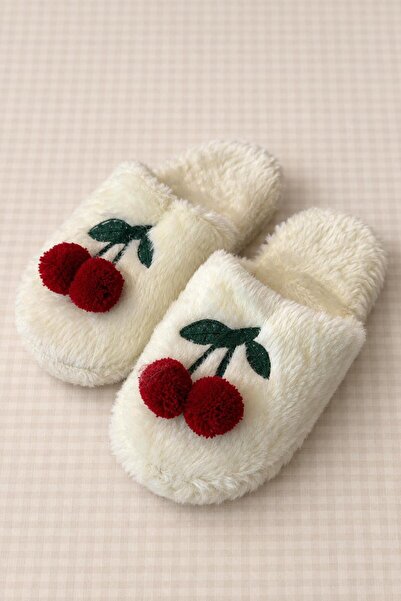 Platana Cherry Patterned White Comfortable Home Slippers