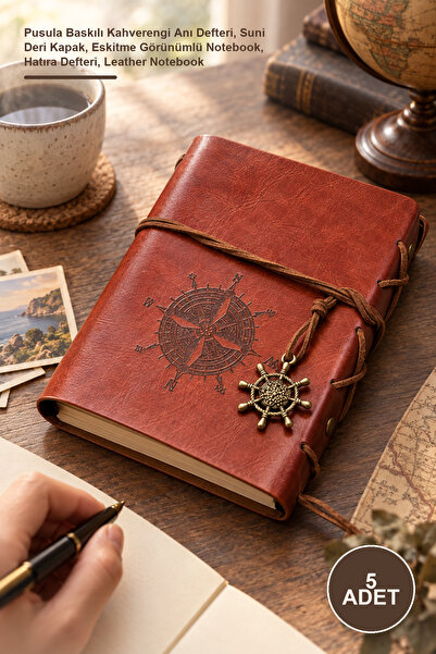 Yenilig 5 Leather Notebooks – Brown Memory Notebook with Compass Print, Faux ...
