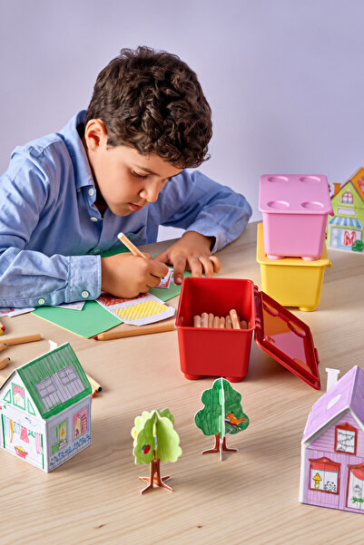 ACELEYOLLA GLIS Kapaklı Saklama Kutusu 17x10 cm Sarı-Pembe-Kırmızı 3’lü Set Oyuncak ve Düzenleyici Kutu