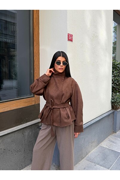 Cistern İstanbul Women's Stand Collar Belted Suede Jacket