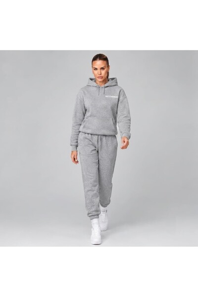 Gelsomino Women's Gray Hooded Kangaroo Pocket Tracksuit Set Oversize Relaxed ...