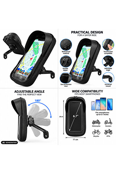 FIXATO Suport telefon, rezistent la apă, pentru Bicicletă/Motocicletă/Scuter, FIXATO, Prindere pe oglindă, Negru