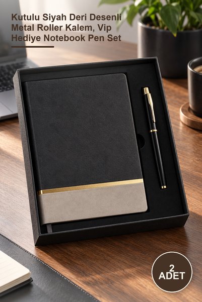 Yenilig 2-Piece Notebook and Pen Set – Boxed Black Leather Patterned Metal Ro...